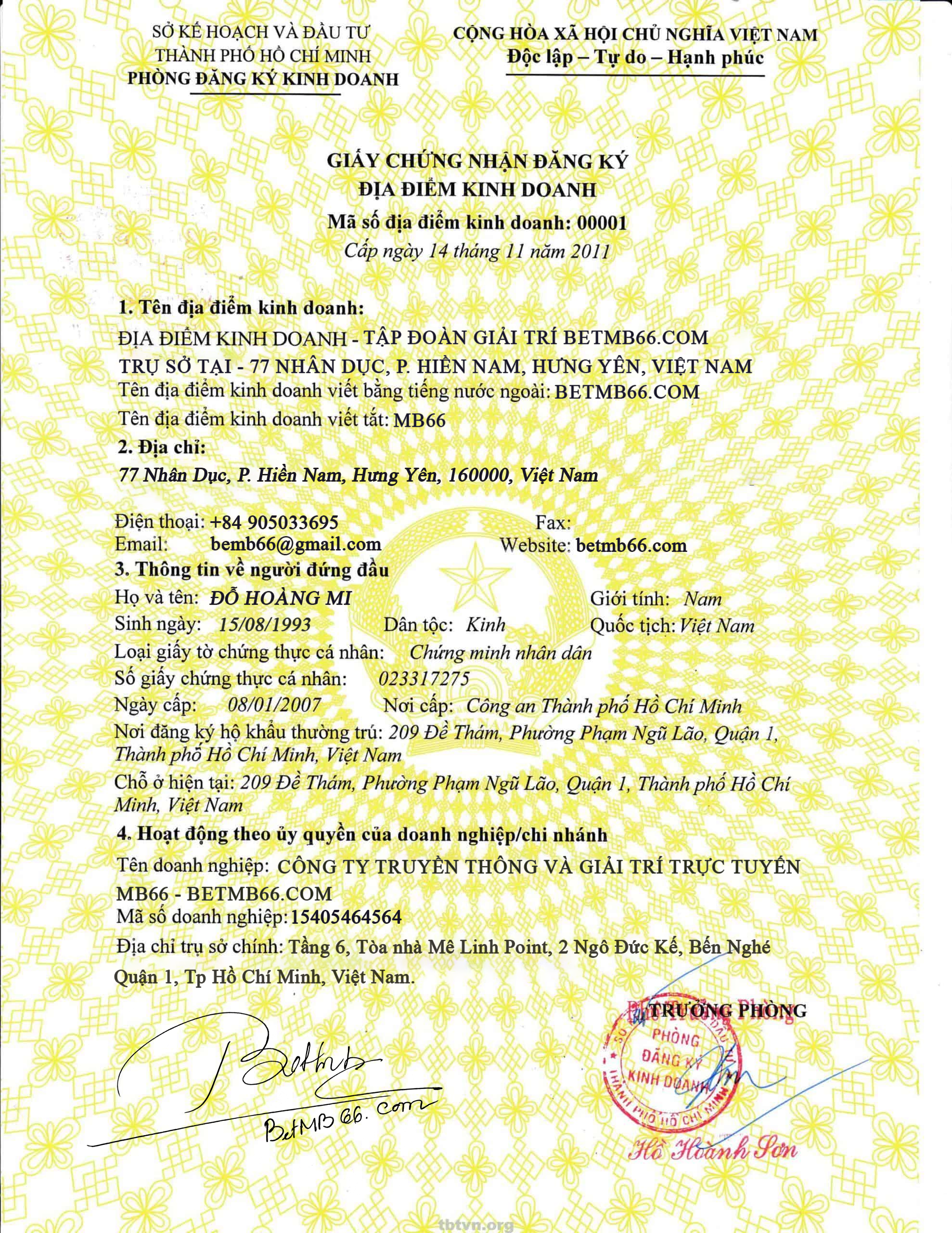 Giấy phép kinh doanh MB66